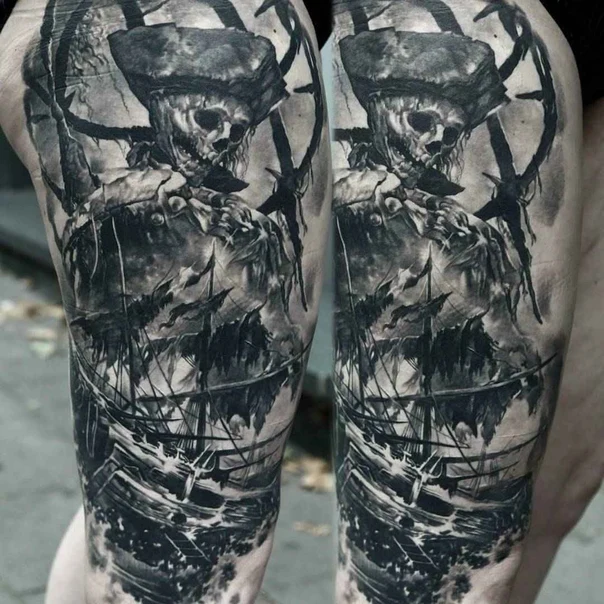 Black & Grey Skeleton, Ship tattoo on Thigh