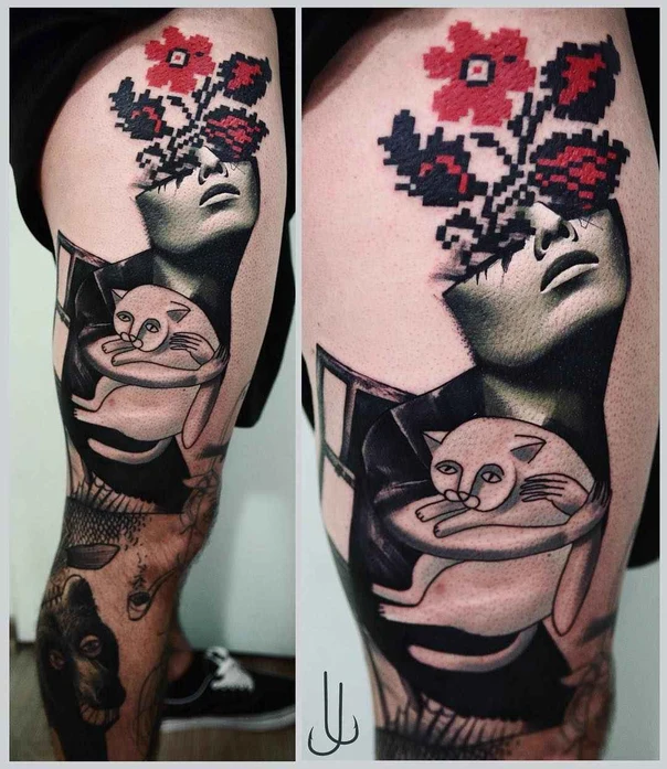 Surrealism Portrait, Cat tattoo on Thigh
