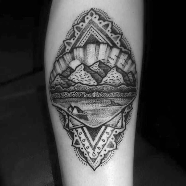 Blackwork Mountain, Landscape tattoo on Calf