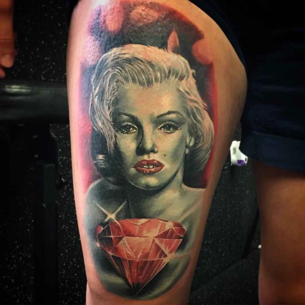 Realism Portrait, Diamond tattoo on Thigh
