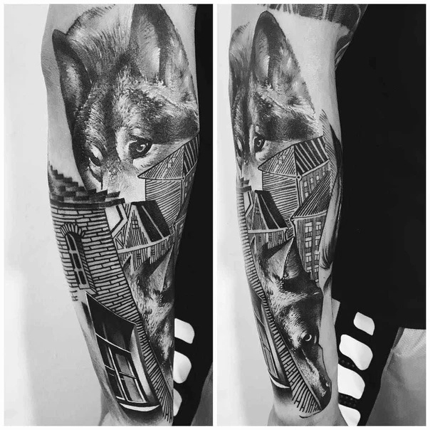 Black & Grey Wolf, Buildings tattoo on Forearm