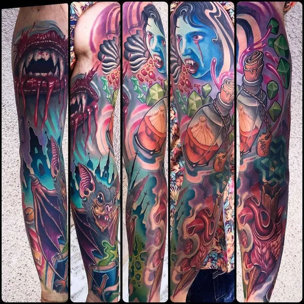 Illustrative Vampire, Bat tattoo on Full Sleeve