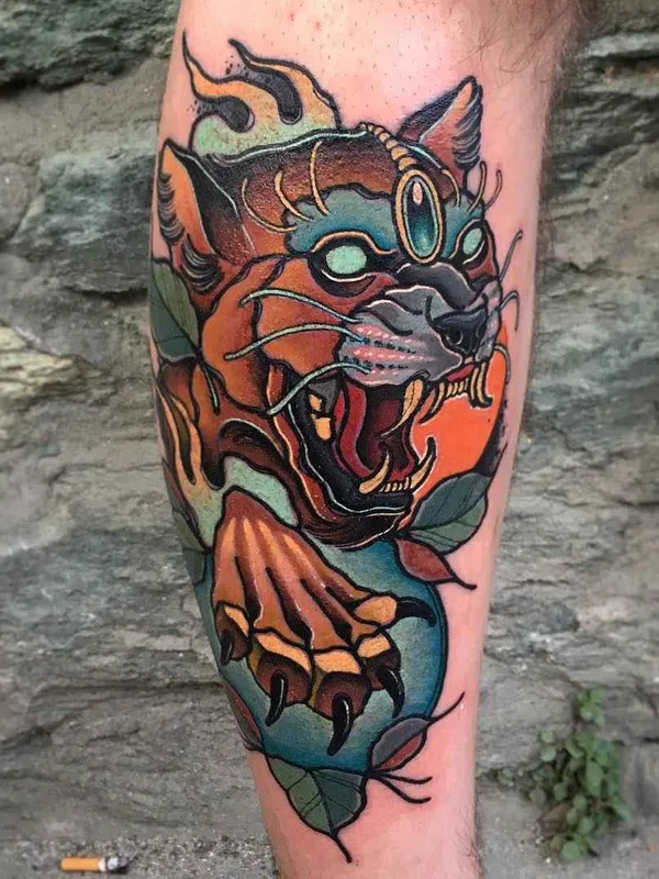 color neo traditional tatouage sur calf #2064 | Artiste tatoueur Achilleas Aber