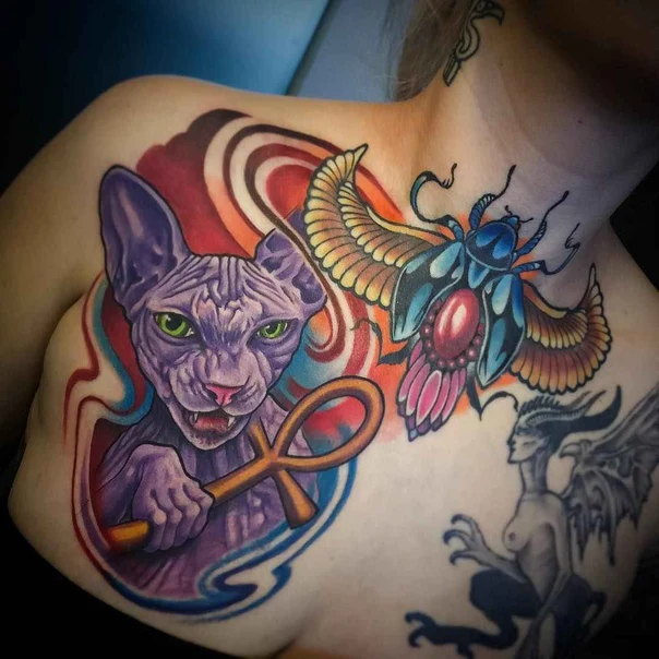Illustrative Cat, Beetle tattoo on Chest