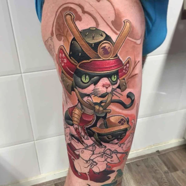 New School Cat, Samurai tattoo on Thigh