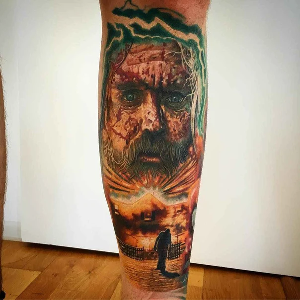 Realism Portrait, Scene tattoo on Calf