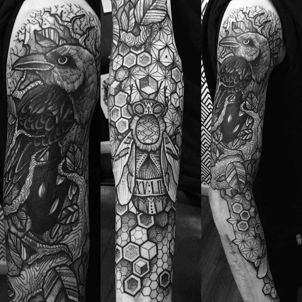Blackwork Raven, Bee tattoo on Full Sleeve