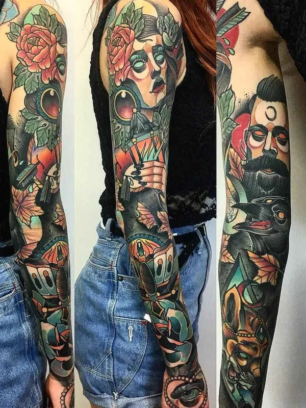 female color neo traditional tatouage sur full sleeve #2066 | Artiste tatoueur Achilleas Aber