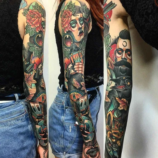 Neo Traditional Rose, Face tattoo on Full Sleeve