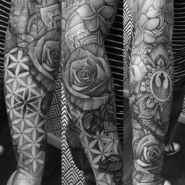 Black & Grey Rose, Mandala tattoo on Full Sleeve