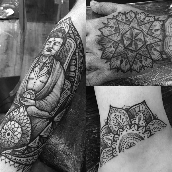 Blackwork Buddha, Mandala tattoo on Forearm