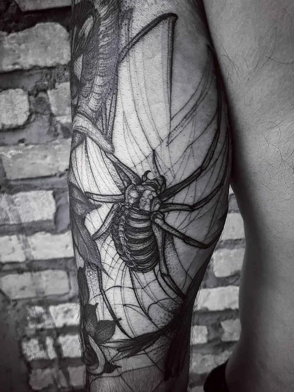 black and grey blackwork tattoo on calf #2575 | Tattoo Artist Felipe Kross