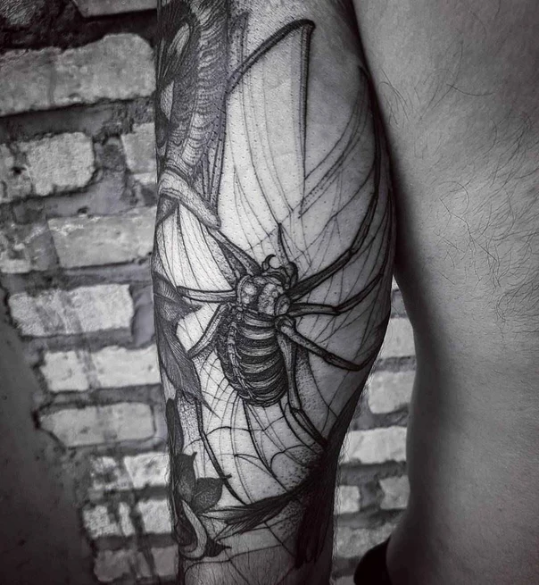 Blackwork Spider, Web tattoo on Calf
