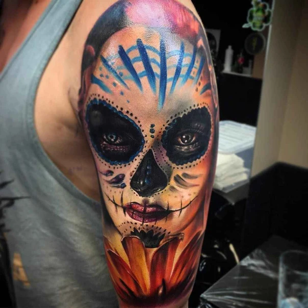 Realism Skull, Flower tattoo on Full Sleeve
