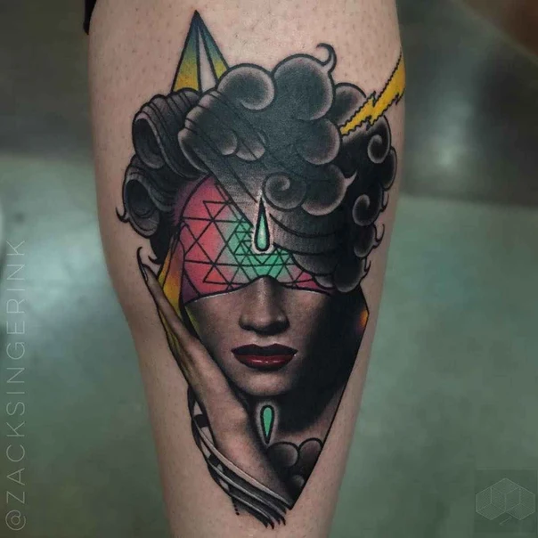 Illustrative Face, Cloud tattoo on Thigh