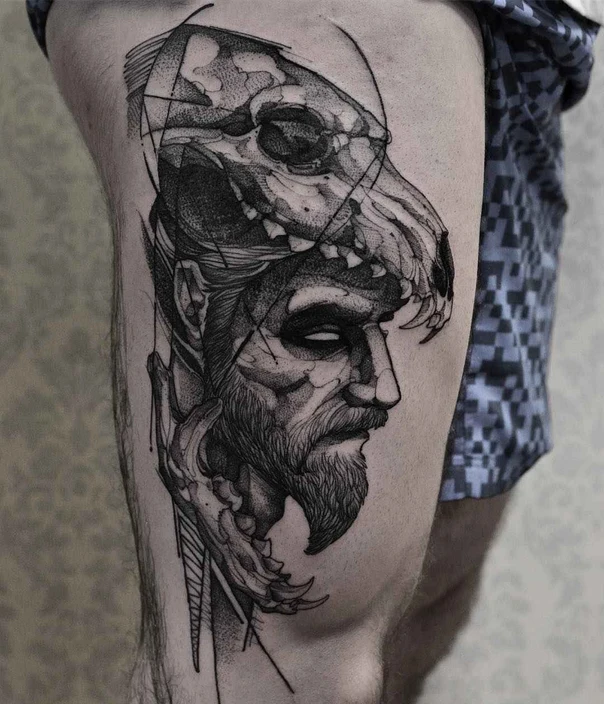 Blackwork Skull, Portrait tattoo on Thigh
