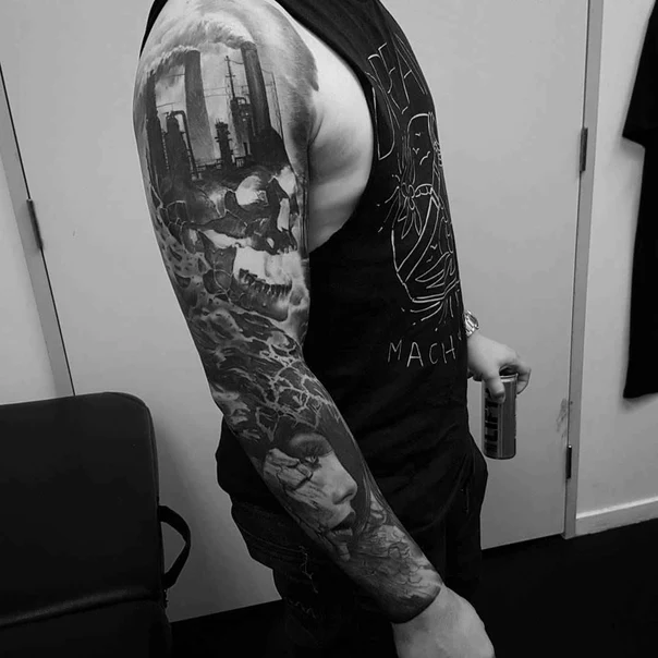 Black & Grey Skull, Portrait tattoo on Full Sleeve