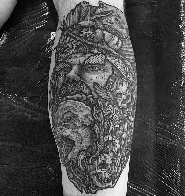 Blackwork Portrait, Skull tattoo on Calf