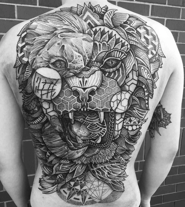 Blackwork Lion, Geometric tattoo on Full Back