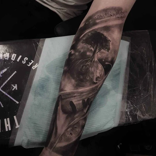 Realism Tree, Hands tattoo on Forearm