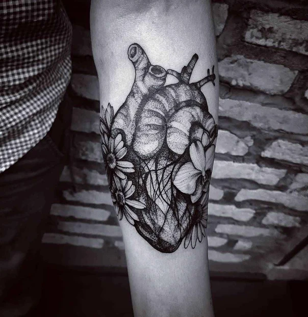 Blackwork Heart, Flowers tattoo on Forearm