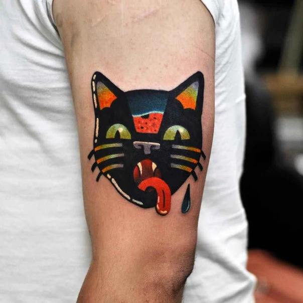 Old School Cat tattoo on Upper Arm