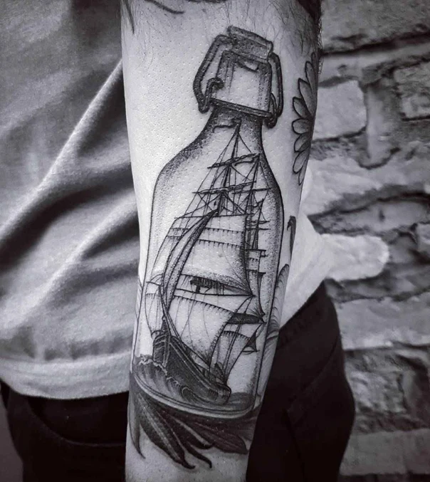 Black & Grey Ship, Bottle tattoo on Forearm
