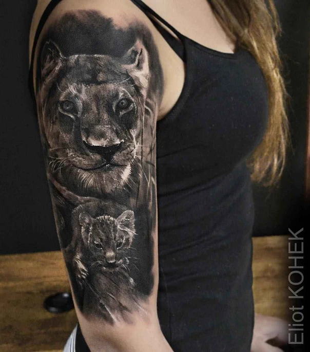 Realism Lion, Cub tattoo on Full Sleeve