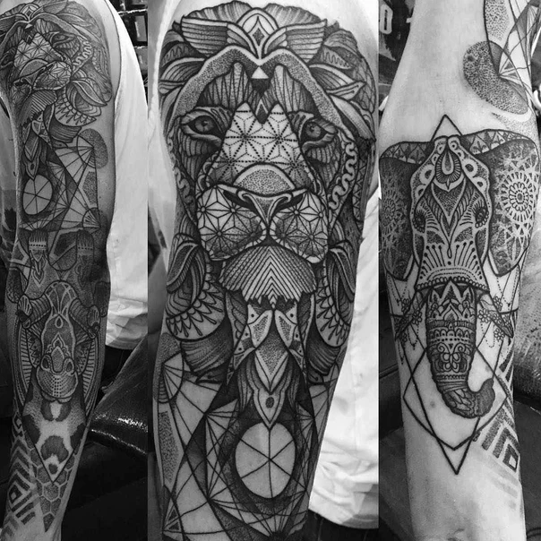 Geometric Lion, Elephant tattoo on Full Sleeve