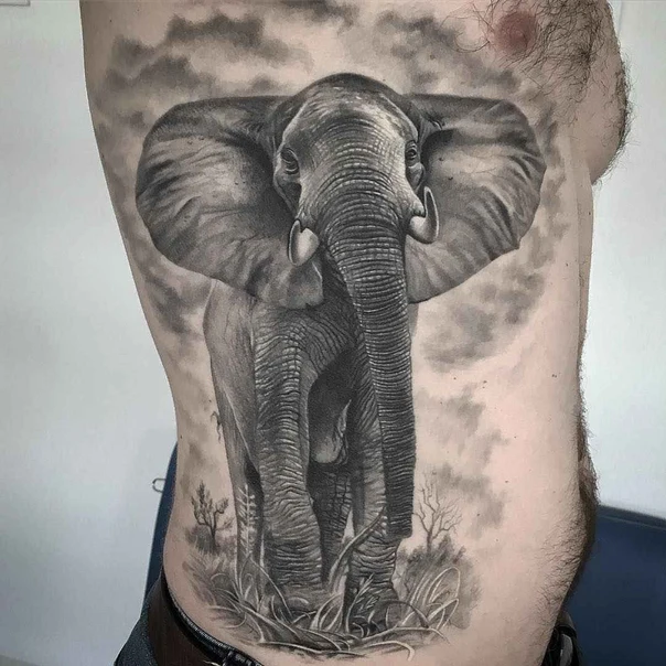 Realism Elephant, Landscape tattoo on Side