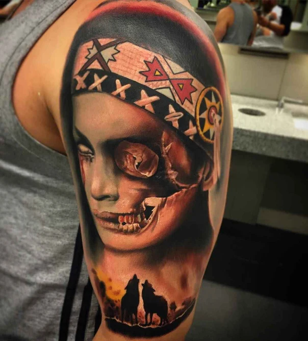 Realism Skull, Wolf tattoo on Upper Arm