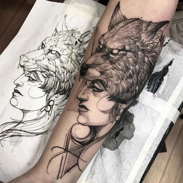 Illustrative Wolf, Portrait tattoo on Forearm