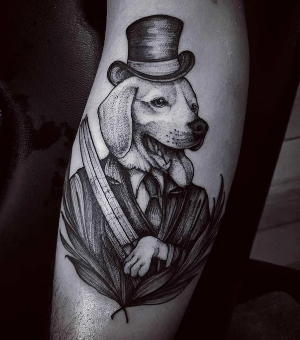 Black & Grey Dog, Portrait tattoo on Forearm