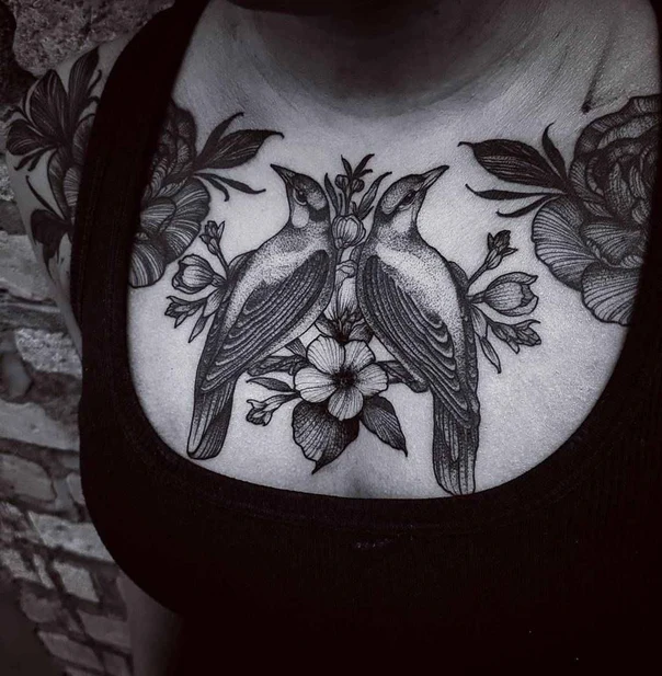 Blackwork Birds, Flowers tattoo on Chest