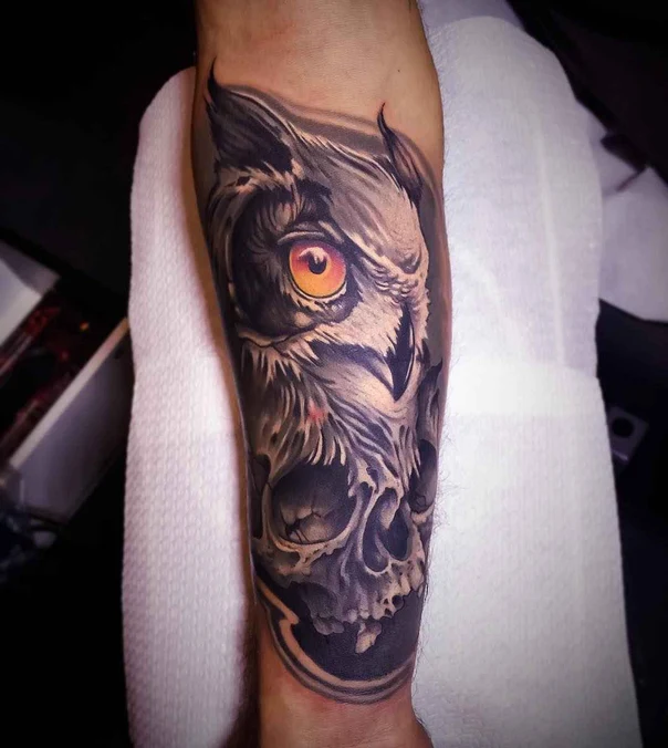 Realism Owl, Skull tattoo on Forearm