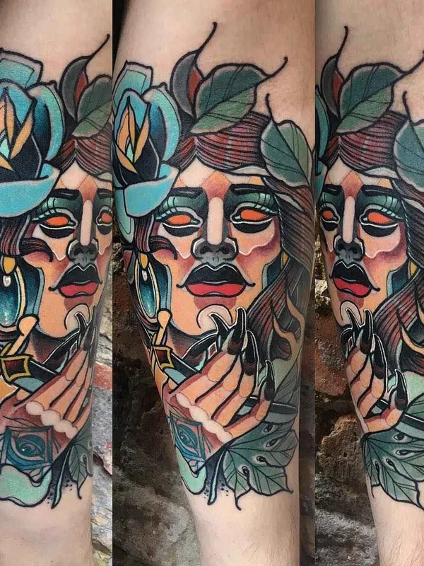 female color neo traditional tatouage sur calf #2069 | Artiste tatoueur Achilleas Aber