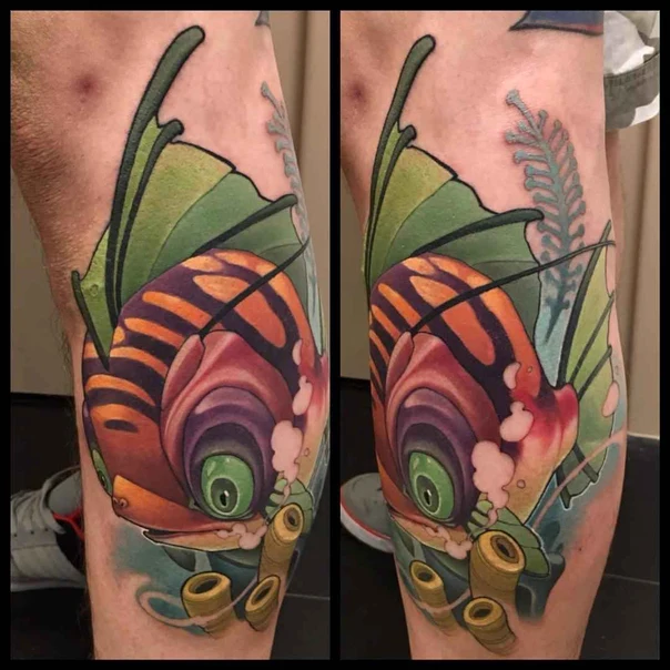 Illustrative Fish, Seaweed tattoo on Calf