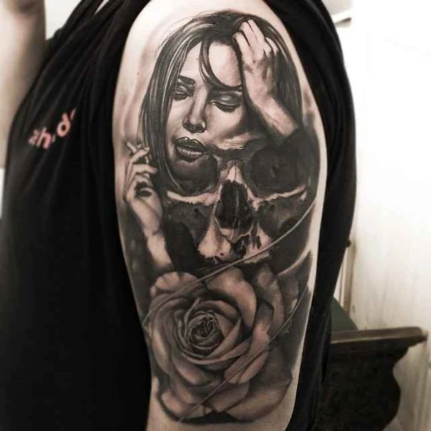 Realism Skull, Rose tattoo on Upper Arm