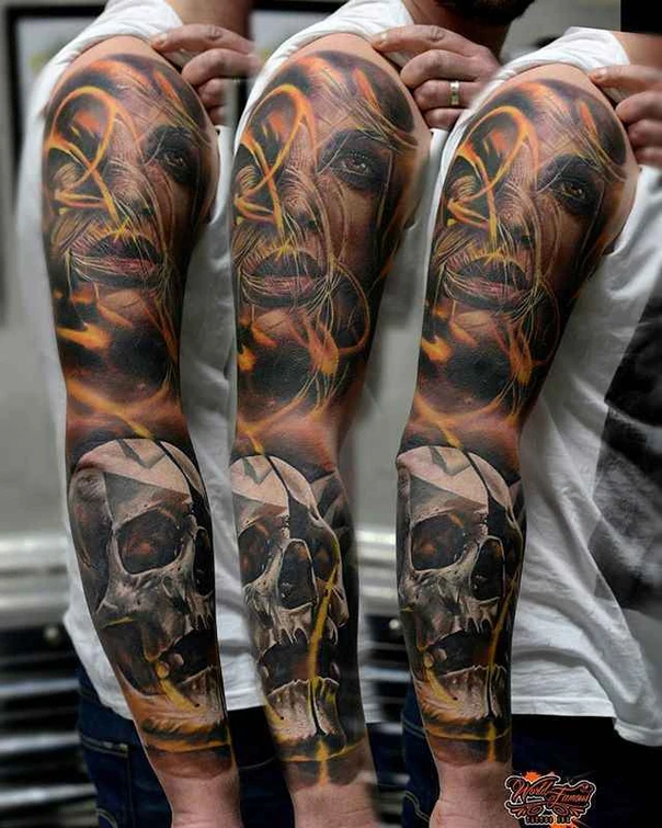 Реализм Skull, Face tattoo на Полный рукав