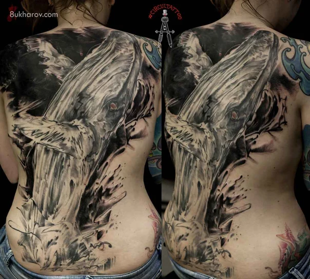 Чёрно-серая Whale, Water tattoo на Спина (полная)