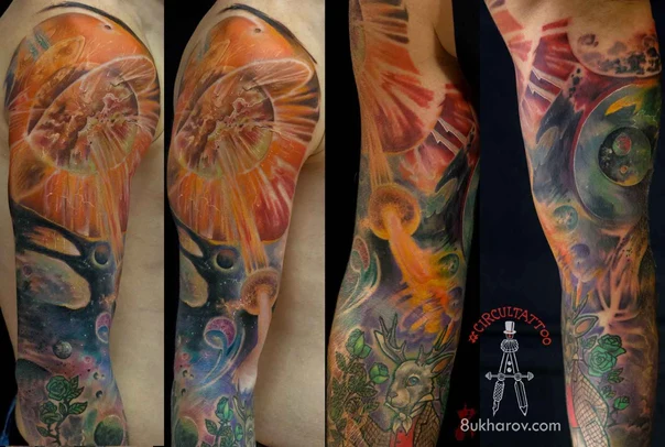 Иллюстративная Space, Animals tattoo на Полный рукав