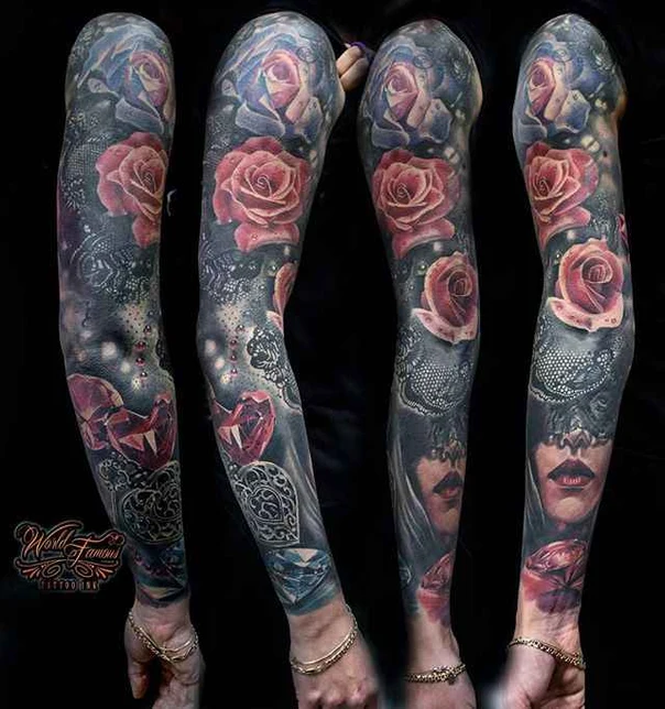 Реализм Roses, Diamonds tattoo на Полный рукав