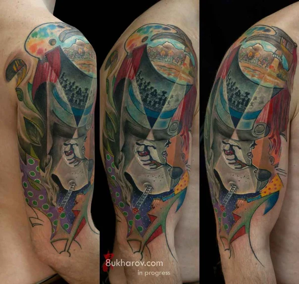 Иллюстративная Portrait, Geometric tattoo на Плечо