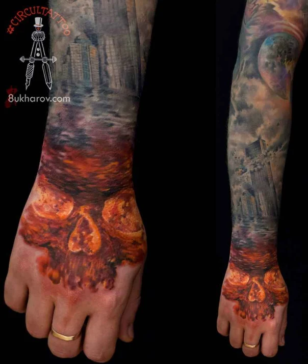 Реализм Skull, Cityscape tattoo на Полный рукав