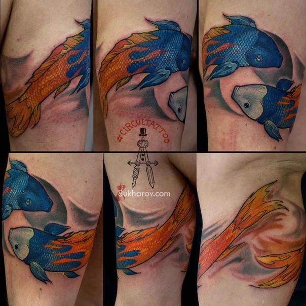 Illustrative Fish, Koi tattoo on Thigh