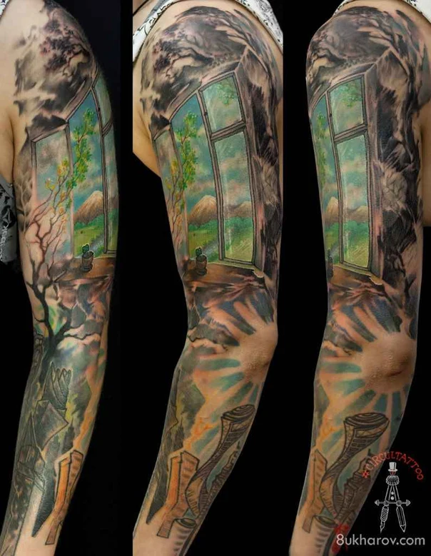 Иллюстративная Landscape, Window tattoo на Полный рукав