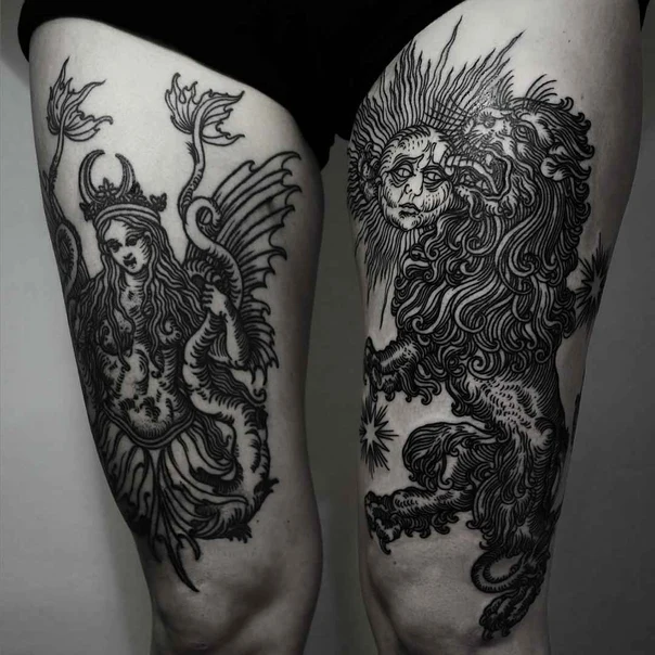 Engraving Mythological, Lion tattoo on Thigh