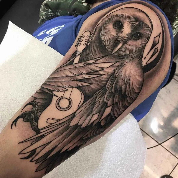 Black & Grey Owl, Guitar tattoo on Upper Arm