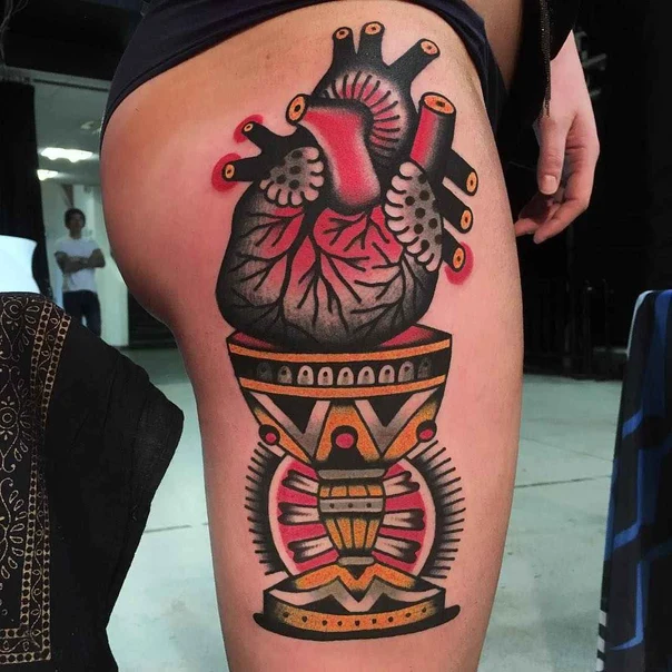 Traditional Heart, Ornamental tattoo on Thigh