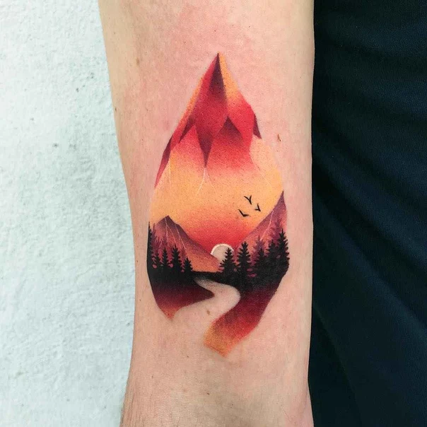 Illustrative Mountain, Landscape tattoo on Forearm